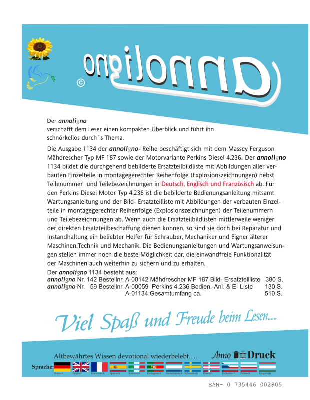 Massey Ferguson Mähdrescher Typ MF 187 & Perkins 4.236 Bild Ersatzteilliste mit Explosionszeichnungen in 3 Sprachen - annoligno 1134